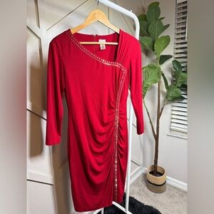 Cache Red Long-Sleeve Ruched Dress with Studded Trim